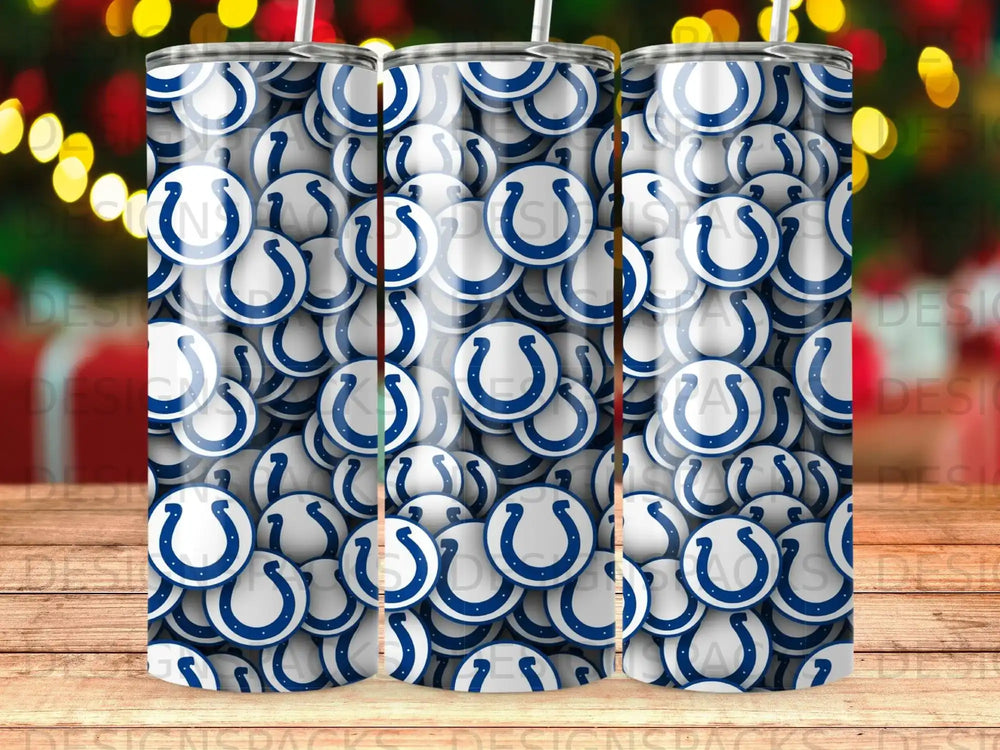 Colts horseshoe pattern on a skinny tumbler with bokeh background.