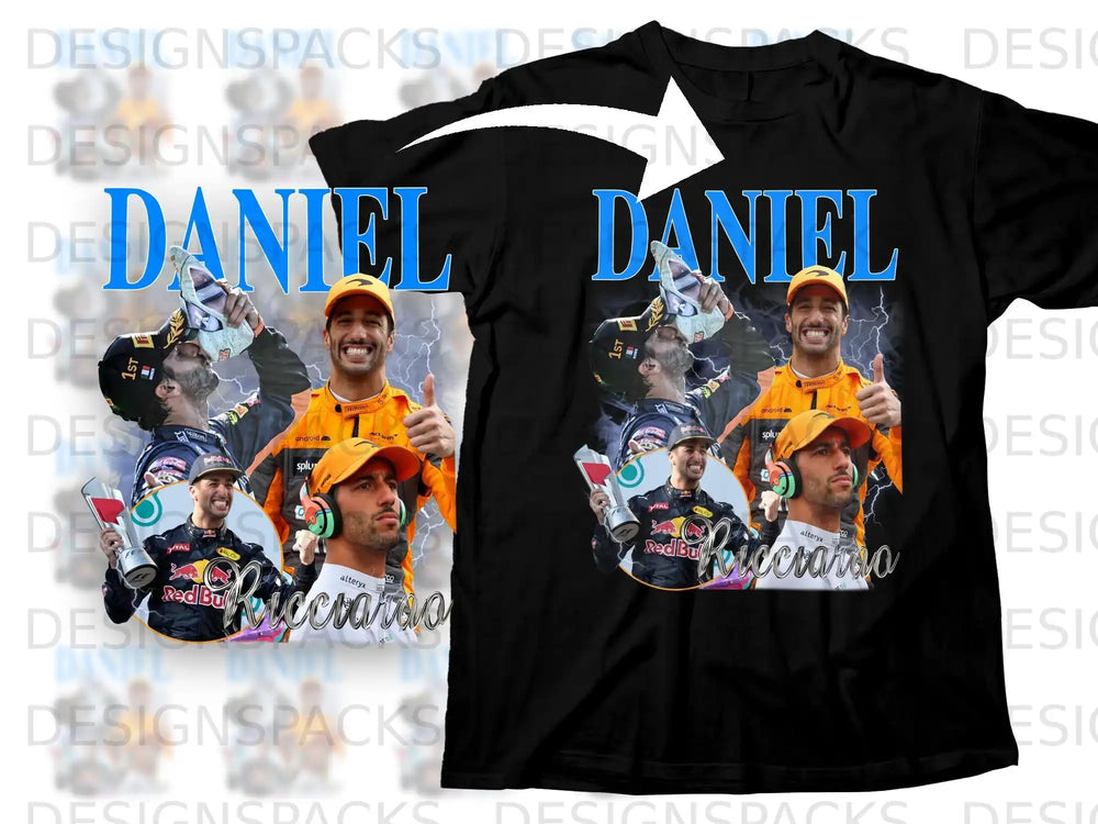Black t-shirt with Daniel Ricciardo graphics and "DANIEL RICCIARDO" text.