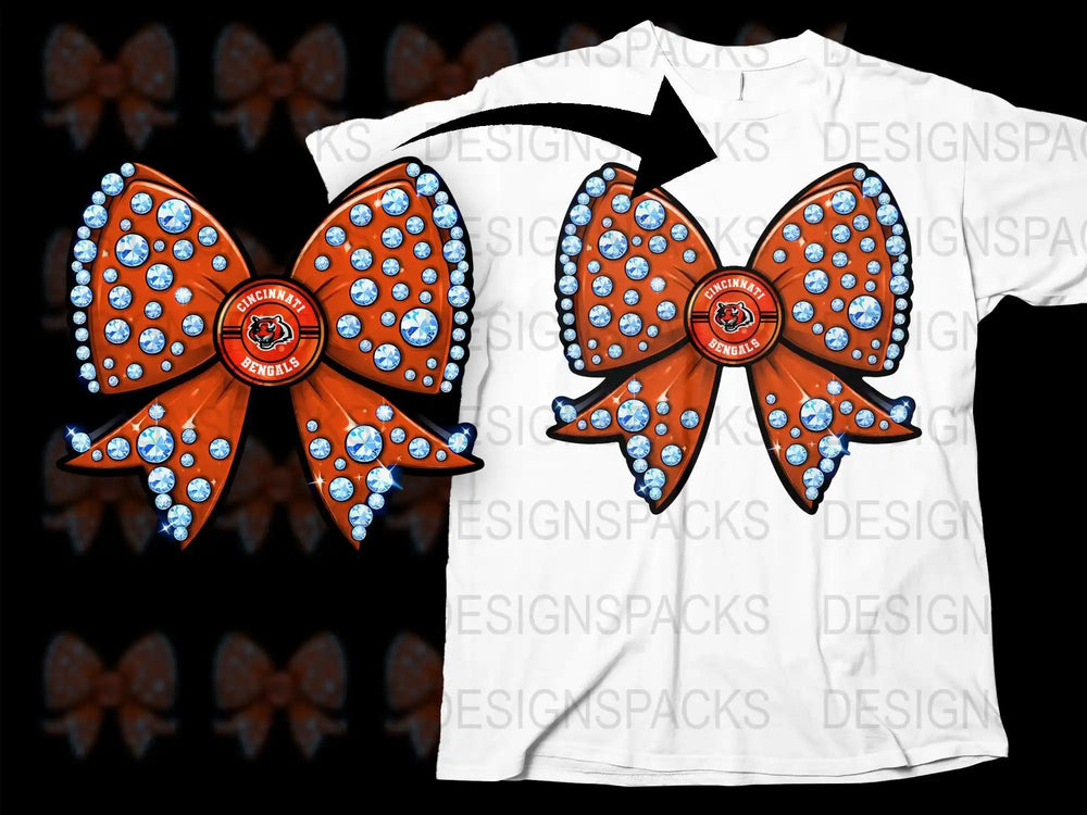 Handcrafted Orange Bow Tie T-Shirt, Crystal Embellished, Cincinnati Sports Fan Apparel