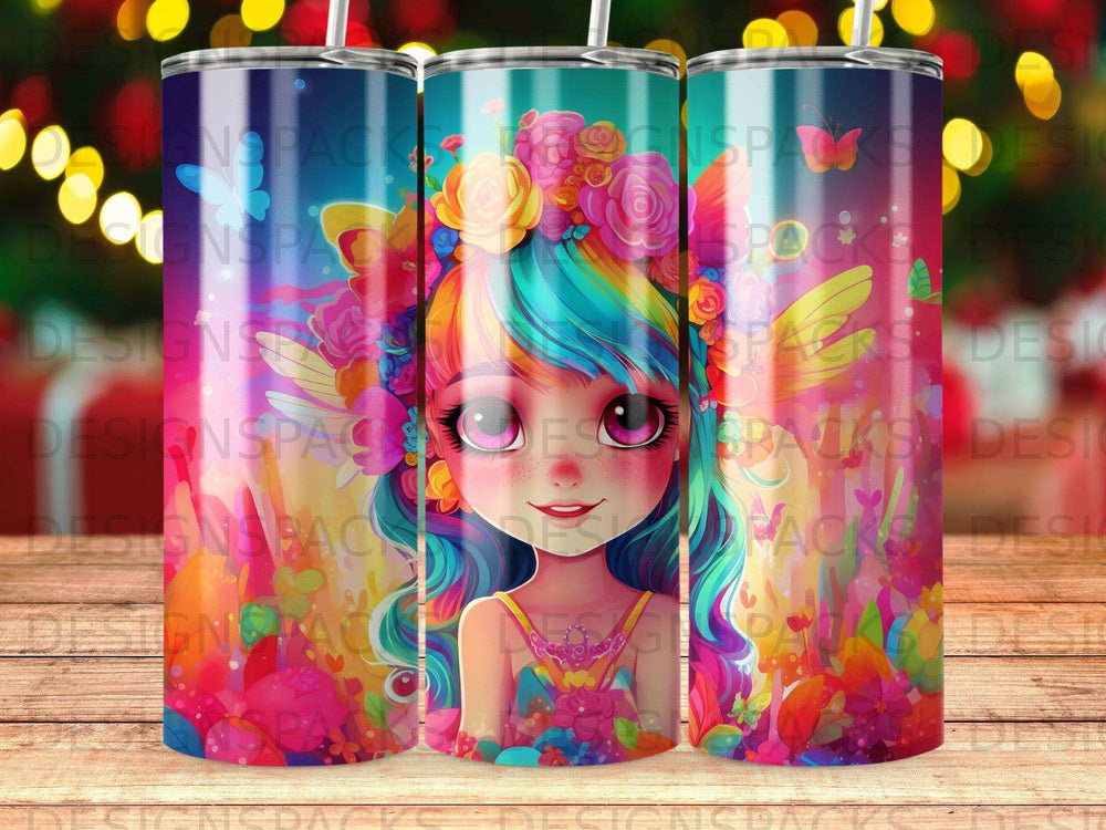 Collage of three colorful tumblers featuring a whimsical anime girl with floral headdress.