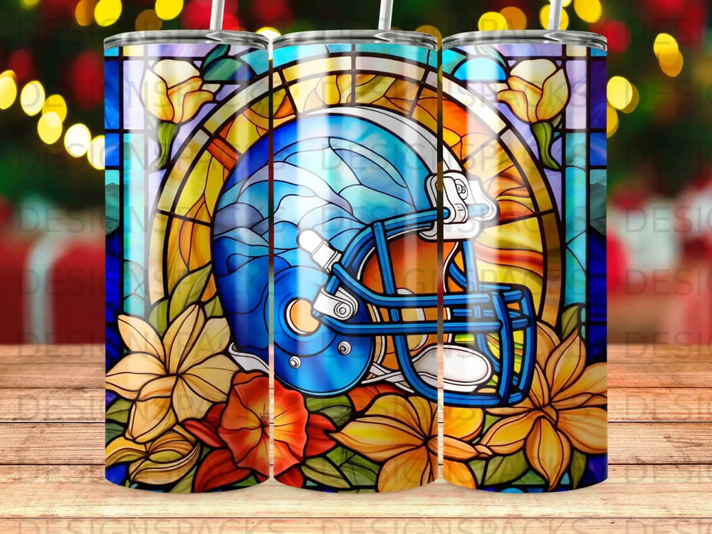 Blue football helmet with stained glass and floral accents.