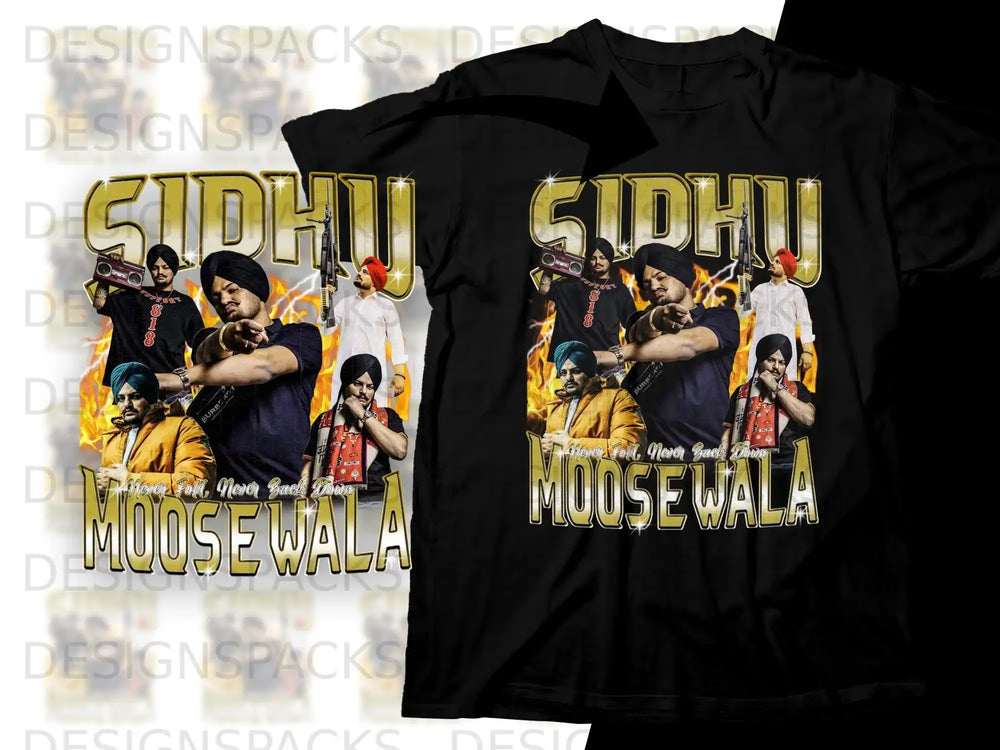 Sidhu Moose Wala graphic t-shirt design with artist portrait and text.