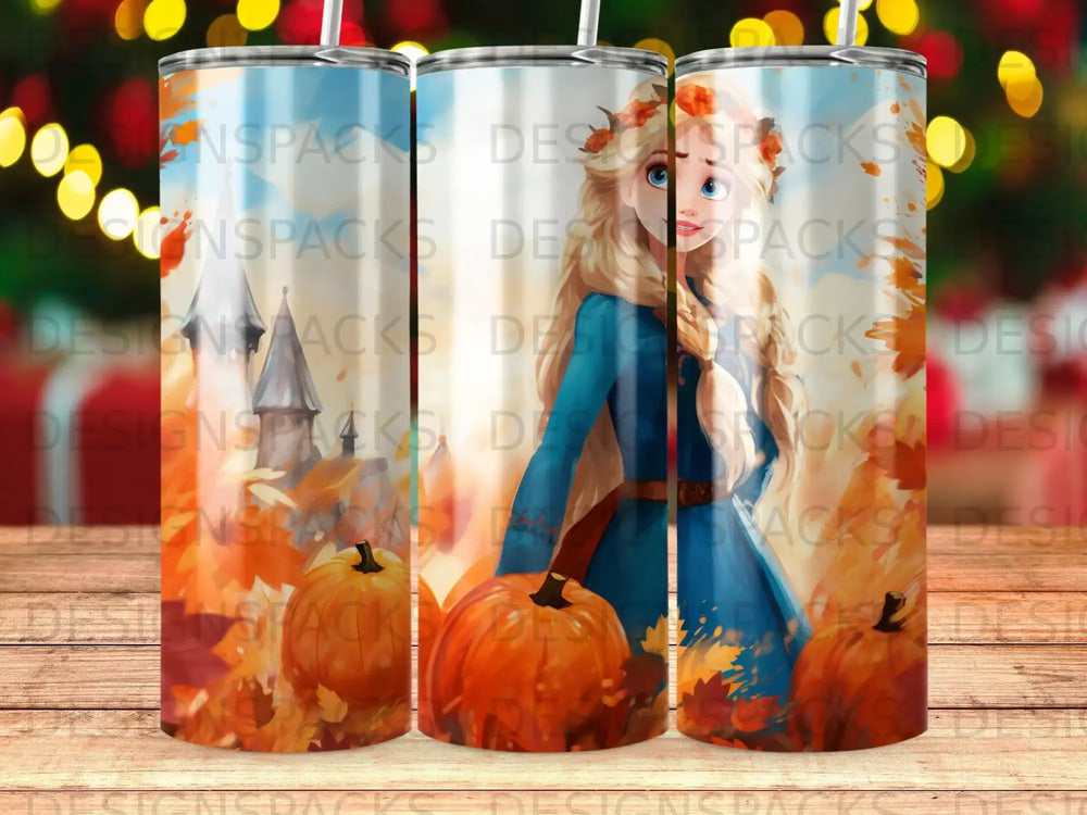 Elsa surrounded by pumpkins and autumn leaves on a tumbler.