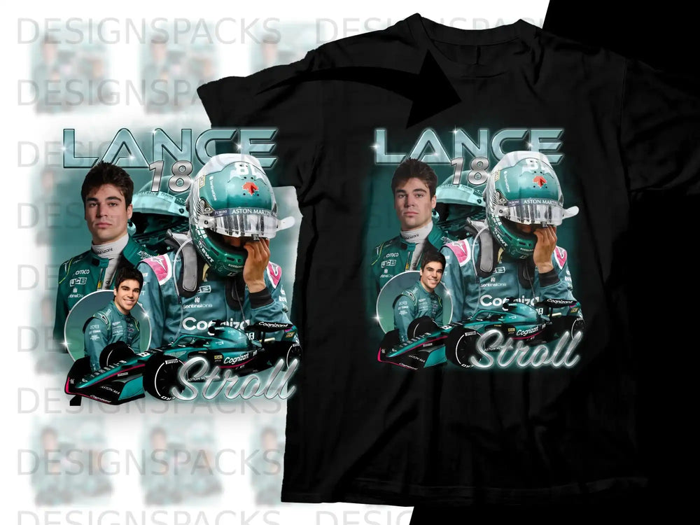 T-shirt featuring Lance Stroll in Aston Martin racing gear with car and sponsor logos.