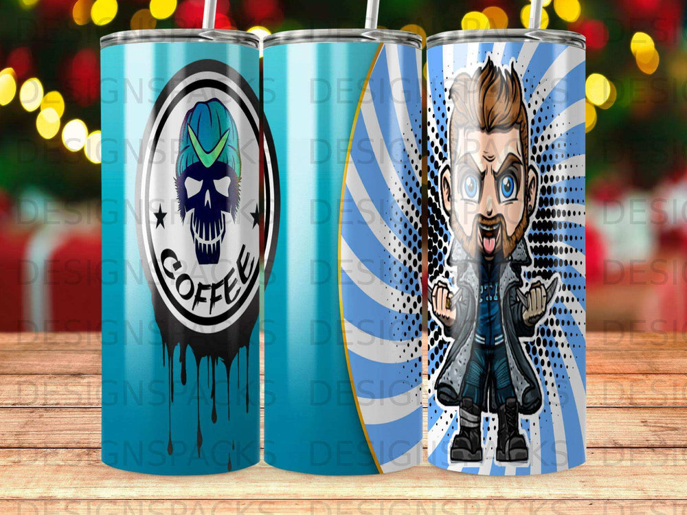 Blue tumbler with skull logo and cartoon character in coat.