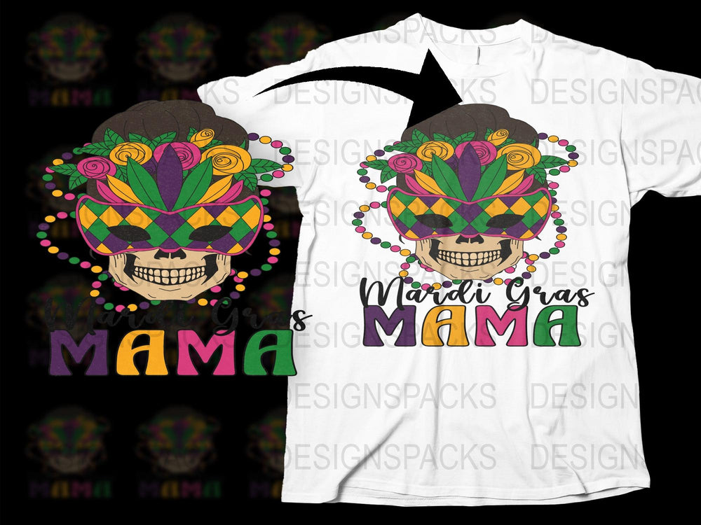 Mardi Gras Mama T-Shirt, Colorful Skull Design, Women's Festive Carnival Tee, Unique Graphic Print Top