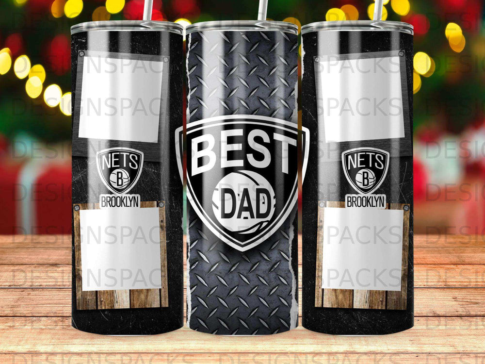 Black tumbler with "Best Dad" and Brooklyn Nets logo.