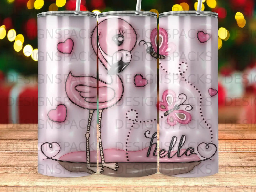 Pink flamingo and butterfly design on a tumbler with "hello" text.
