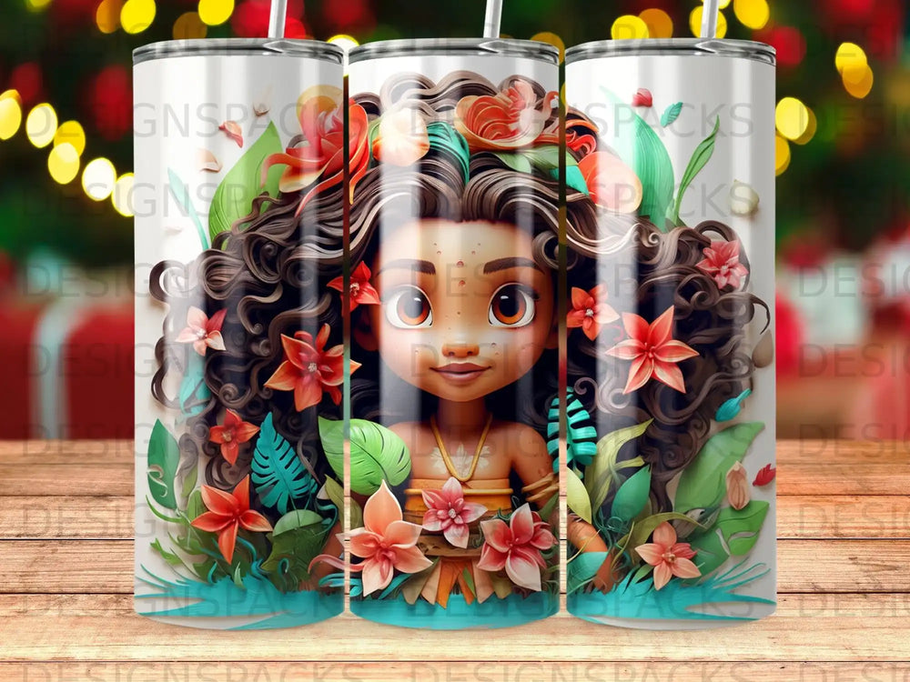 Moana character with tropical flowers and leaves surrounding her.
