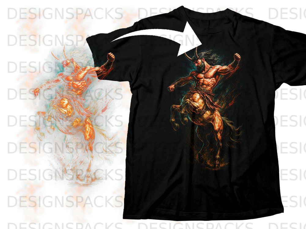 Black t-shirt featuring a centaur with muscular human torso and horse body.