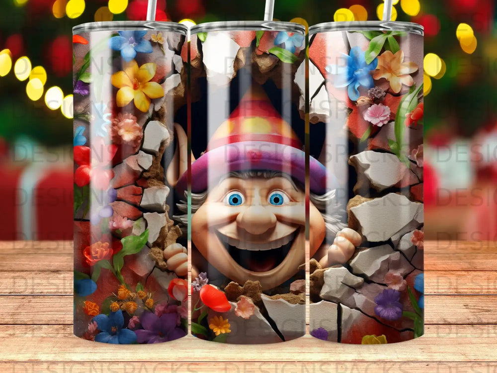 Cartoon gnome peeking through a cracked wall with colorful flowers.