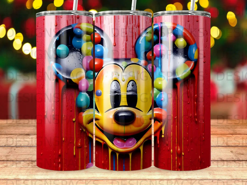 Mickey Mouse head with colorful candy drips on a red background.