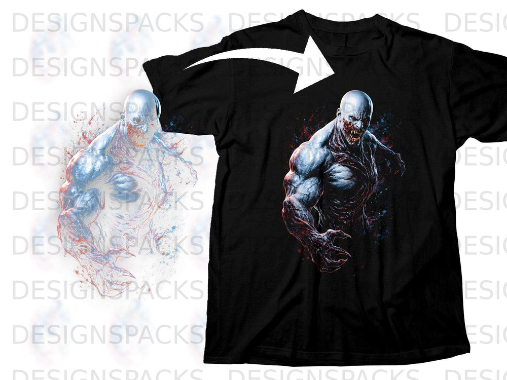 Black t-shirt with graphic of a monstrous, muscular figure with sharp teeth.