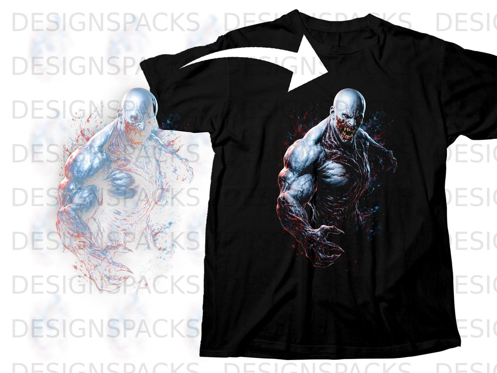 Black t-shirt with graphic of a monstrous, muscular figure with sharp teeth.