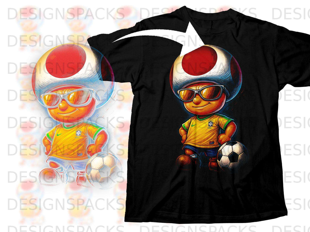 Cartoon mushroom character in a Brazil soccer jersey with sunglasses and a soccer ball.