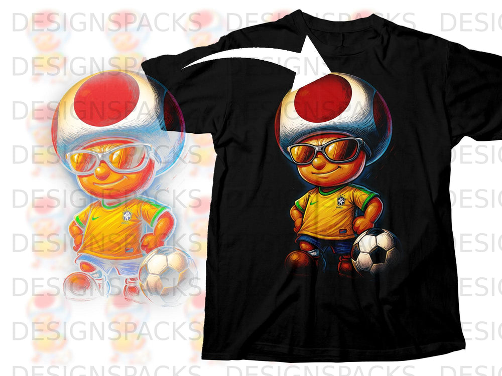 Cartoon mushroom character in a Brazil soccer jersey with sunglasses and a soccer ball.