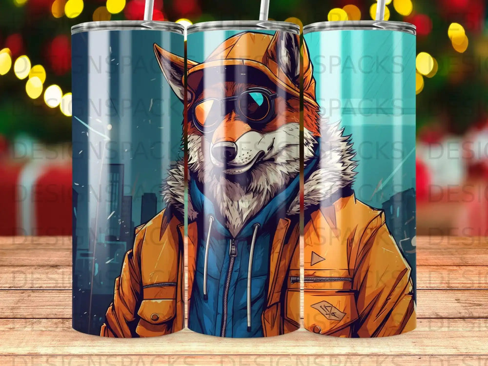 Fox wearing sunglasses and a jacket on a tumbler.