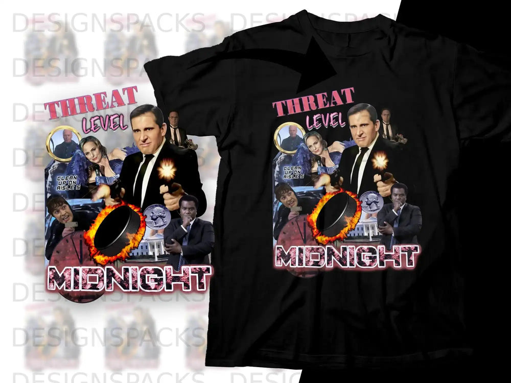 T-shirt with "Threat Level Midnight" and movie characters.