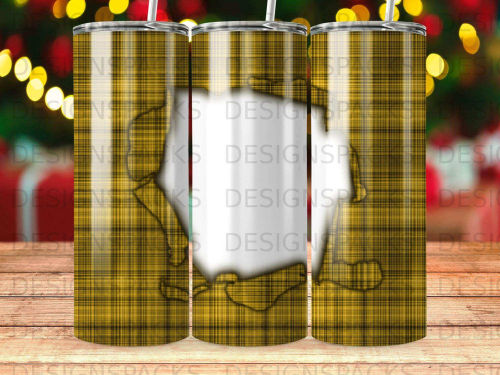 Yellow plaid tumbler with ghost outline and subtle wood grain texture.