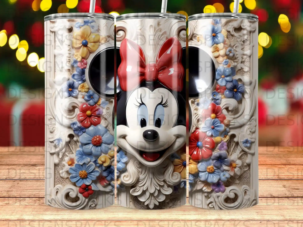 Minnie Mouse with colorful flowers on a decorative, ornate tumbler.