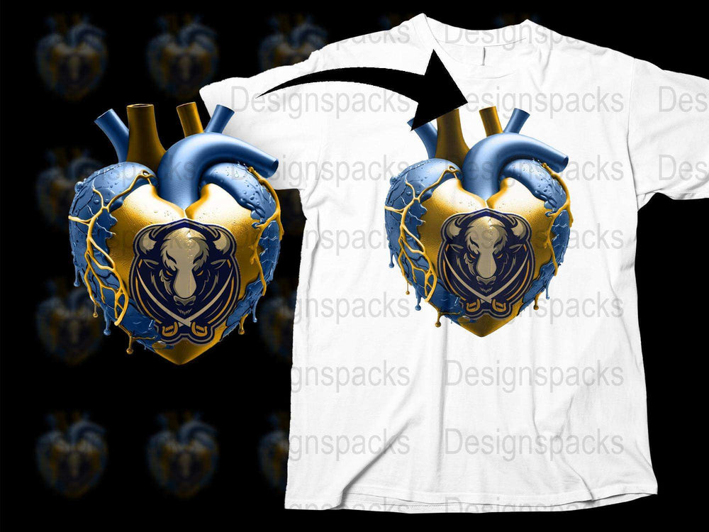 Gothic Heart Lion Design T-Shirt, Blue and Gold Graphic Tee, Unique Fantasy Art Shirt, Stylish Streetwear Top