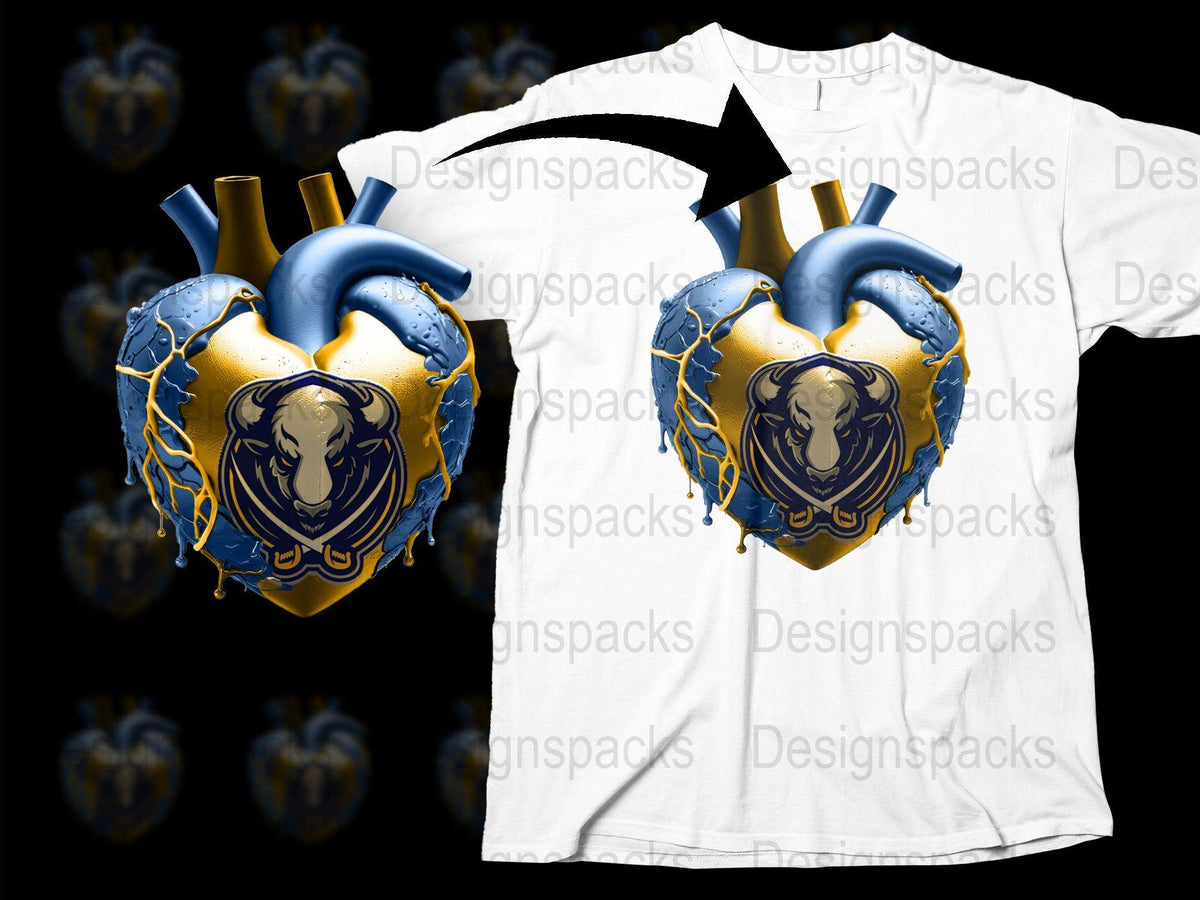 Gothic Heart Lion Design T-Shirt, Blue and Gold Graphic Tee, Unique Fantasy Art Shirt, Stylish Streetwear Top
