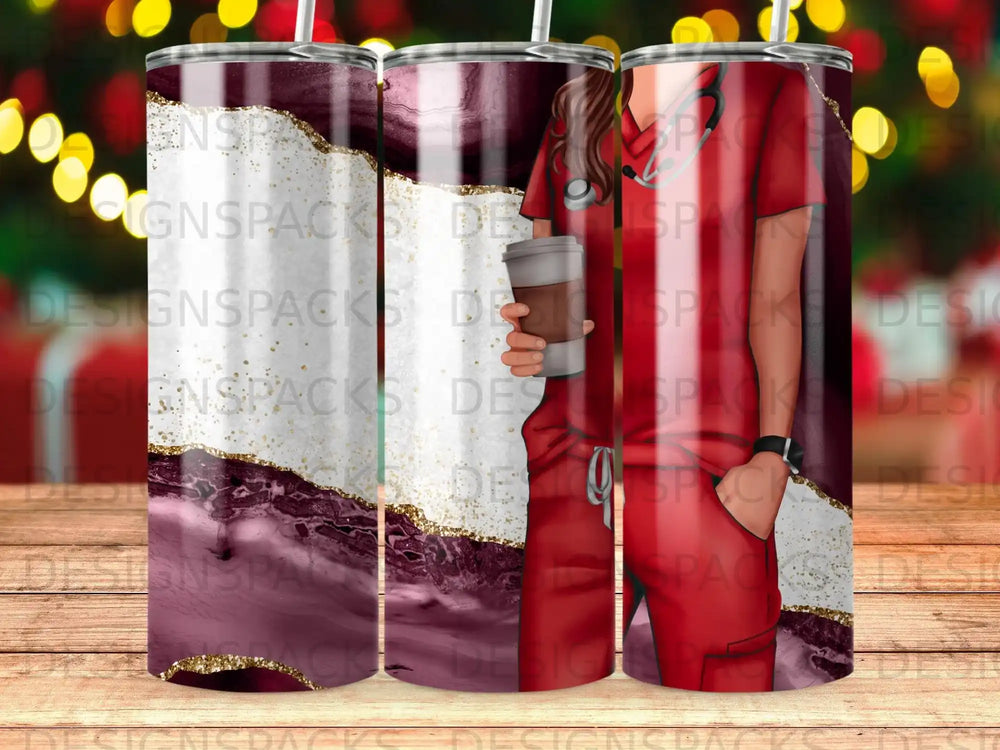 Tumbler with maroon, gold, and white abstract design and nurse illustration.
