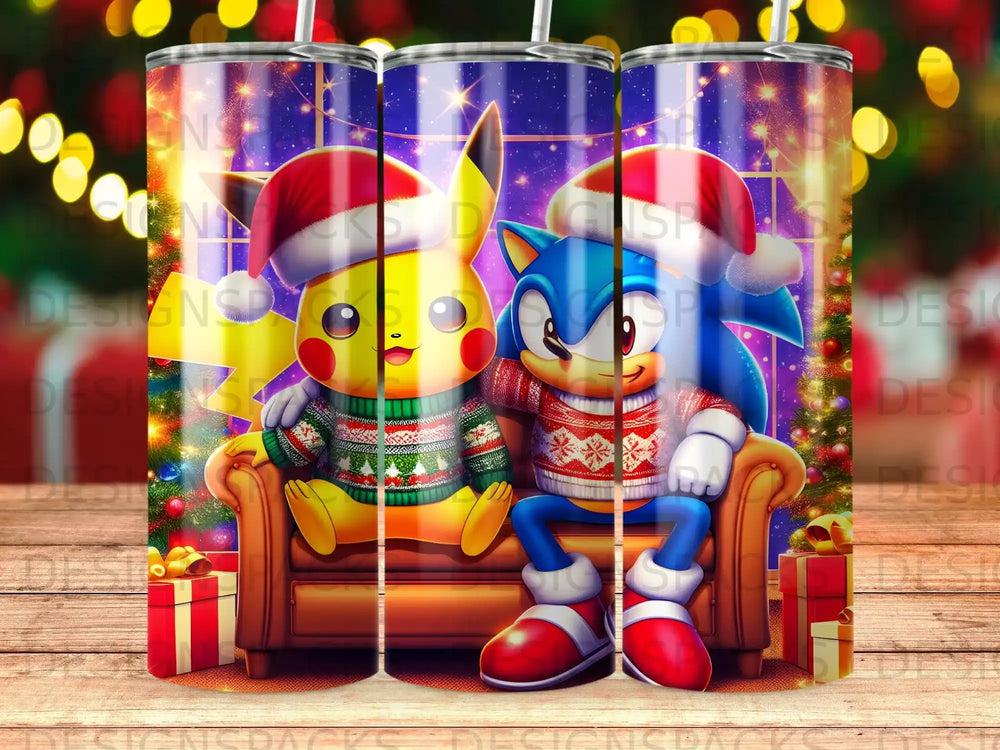 Pikachu and Sonic wearing Christmas sweaters sit on a couch with gifts.