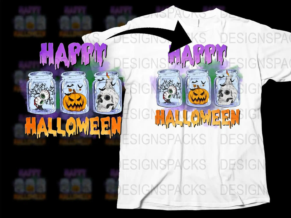 Halloween T-Shirt Spooky Jars Design Skulls Bats Happy Halloween Tee Unisex