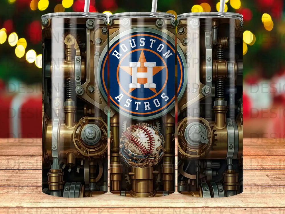 Houston Astros tumbler with a steampunk-inspired mechanical design.