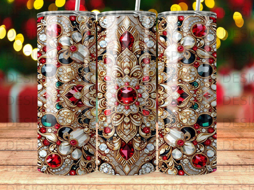 Jeweled floral pattern on a tumbler with bokeh background.