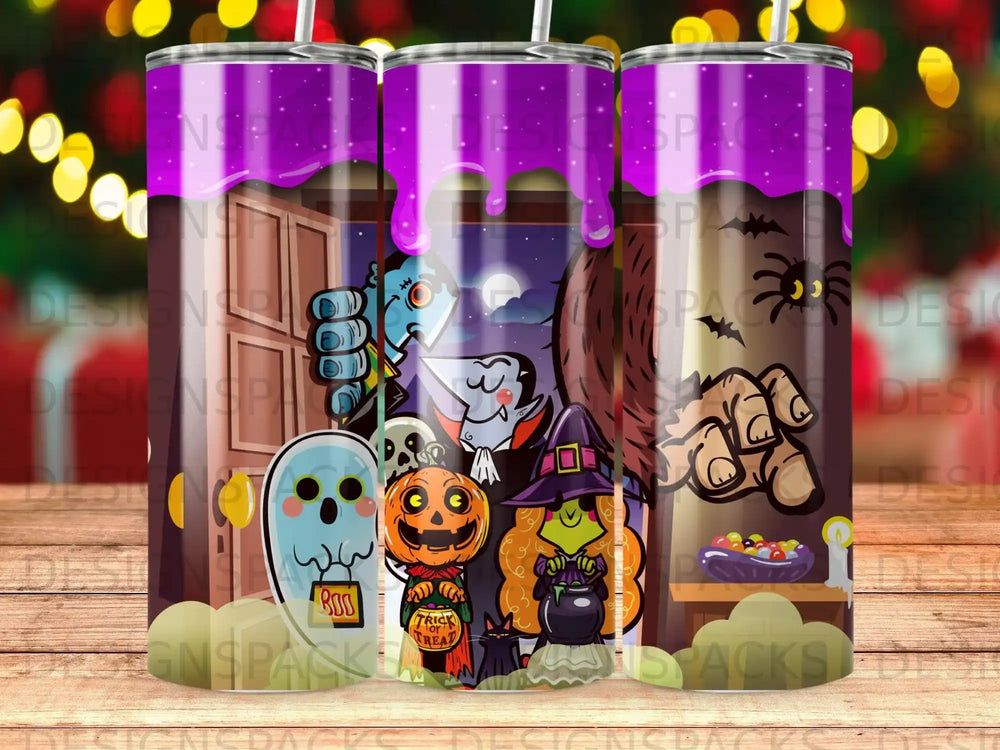 Halloween themed tumbler with ghost, pumpkin, witch, and spooky elements.
