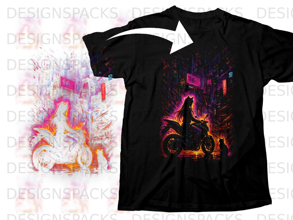 Black t-shirt with anime style graphic of woman on motorcycle in neon city.