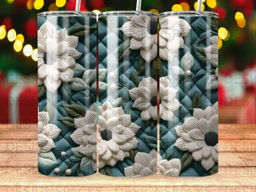 White floral pattern on teal quilted background.