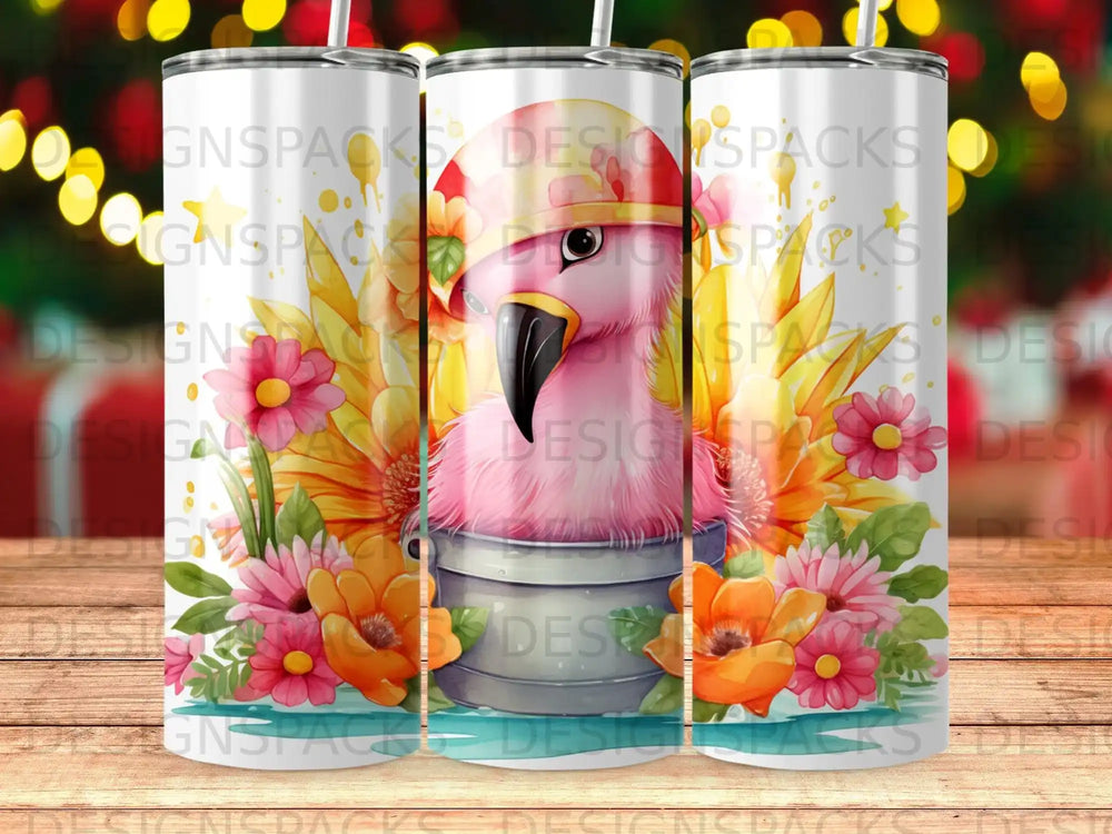 Pink flamingo in bucket with flowers and water, watercolor style.
