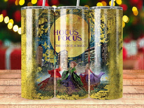 Three witches from Hocus Pocus on a gold speckled tumbler.