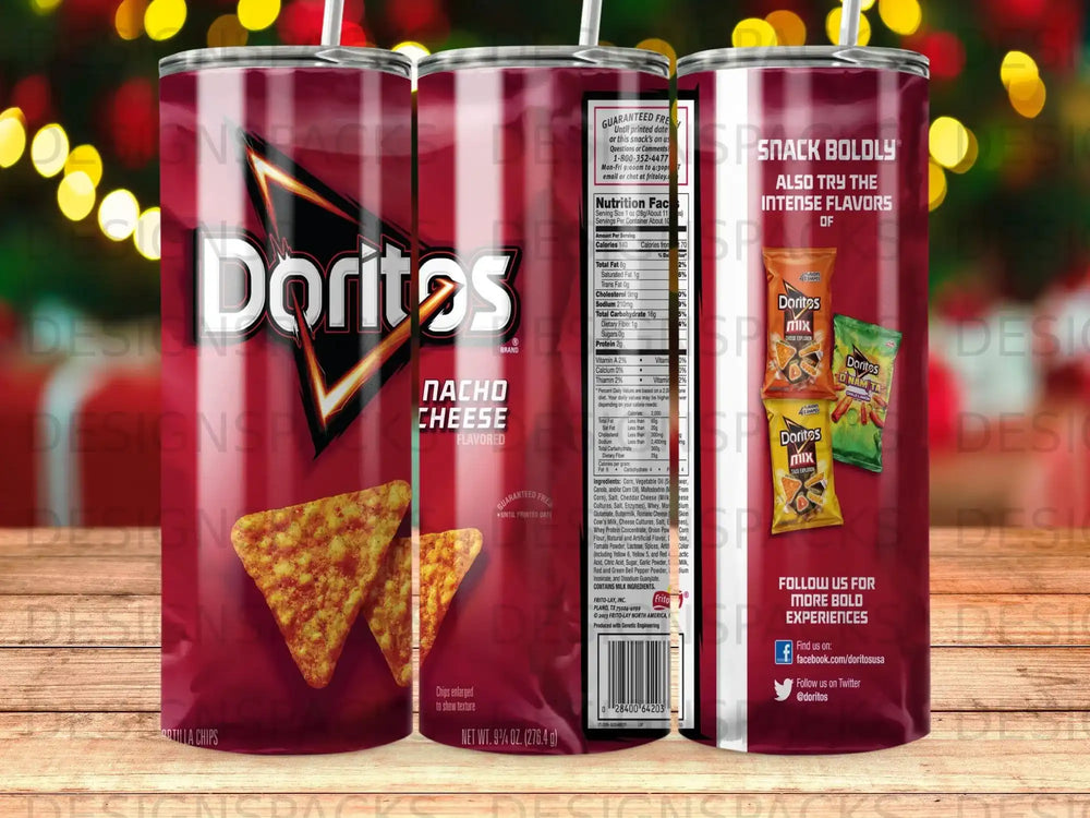 Doritos Nacho Cheese flavored tortilla chips in a bag with nutrition information.