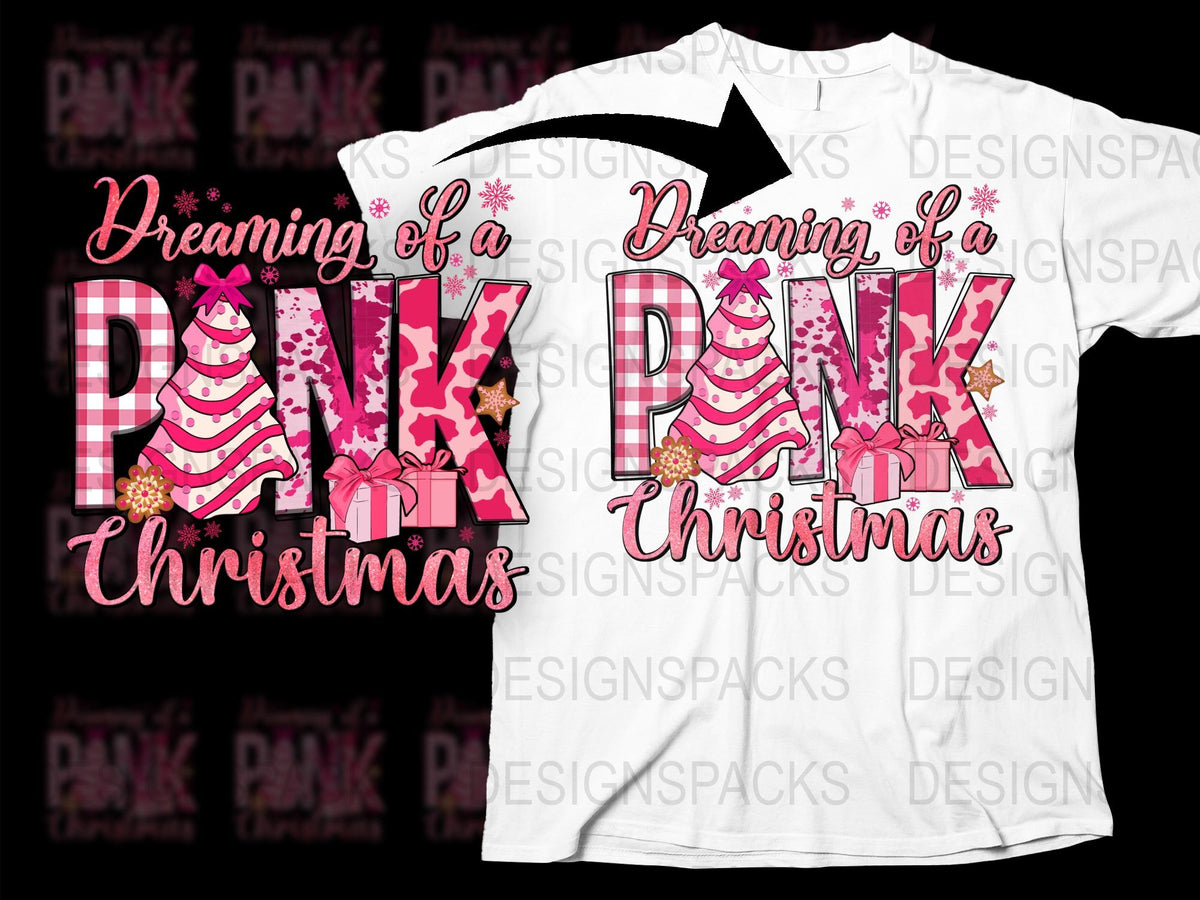 Dreaming of a Pink Christmas T-Shirt, Festive Holiday Graphic Tee, Cute Xmas Apparel, Women's Fashion Top