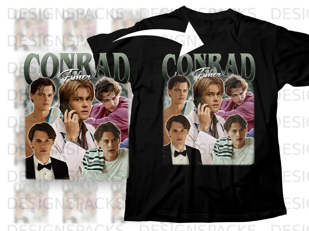 Black t-shirt with a collage of Conrad Fisher images and the name "Conrad" on a white background.
