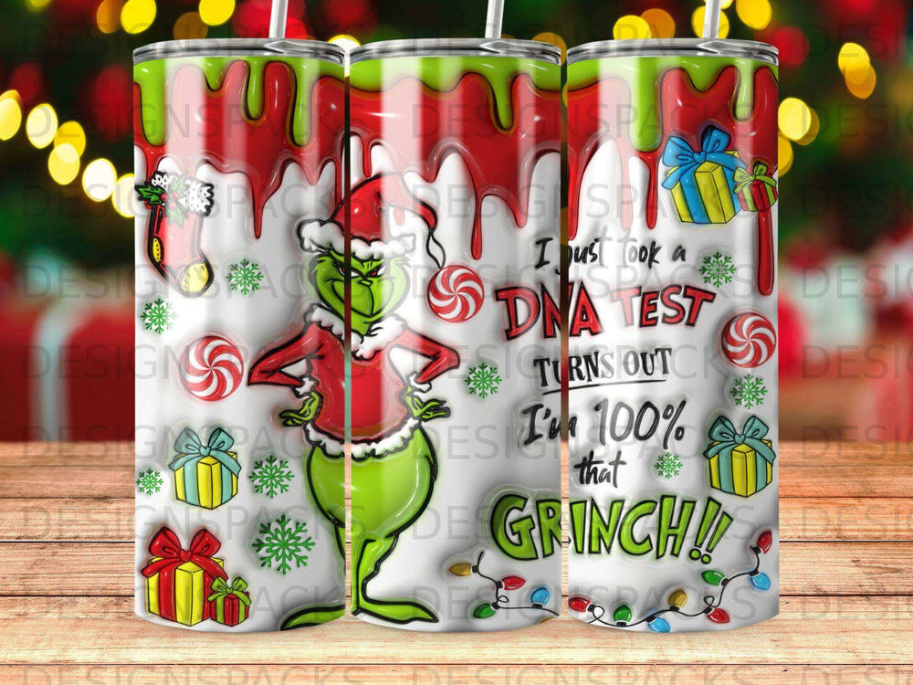 The Grinch in a Santa hat with "I'm 100% that GRINCH!!" text on a tumbler.