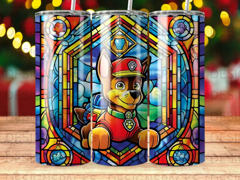 Paw Patrol's Chase character depicted in colorful stained glass art.