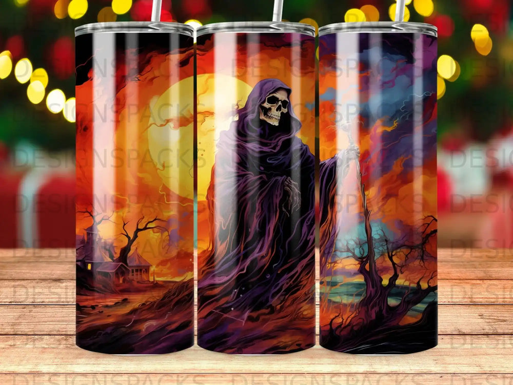 Grim reaper figure with skull head and staff stands in a spooky landscape.