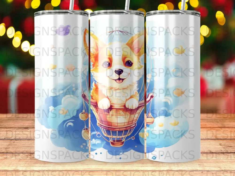 Dog in hot air balloon with "DESIGNSPACKS" repeating watermark.