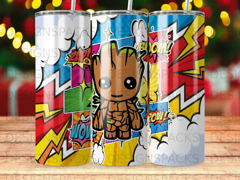 Cartoon Groot character on a colorful comic book-style tumbler.