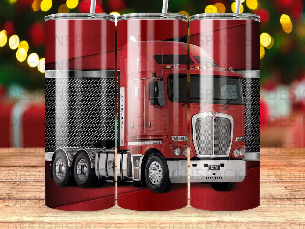 Red Kenworth K200 semi-truck with chrome grille and wheels.