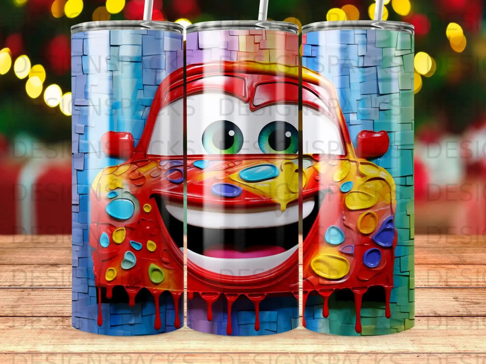 Cartoon car with melting paint, smiling with bright eyes.