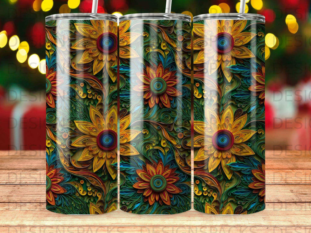 Floral pattern tumbler with yellow, blue, and green abstract flowers.