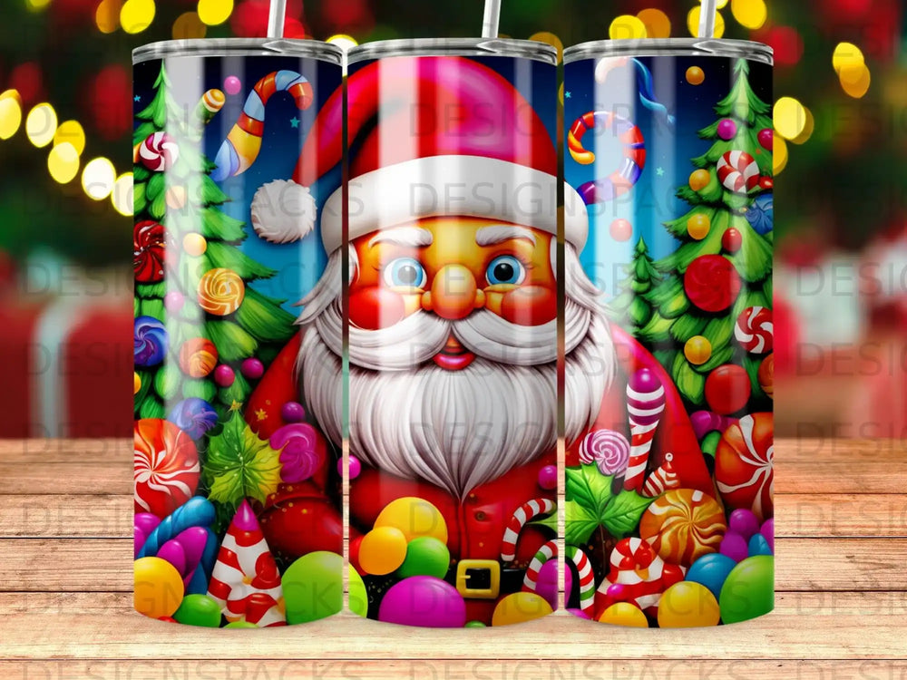 Santa Claus surrounded by candy canes, lollipops, and Christmas trees.