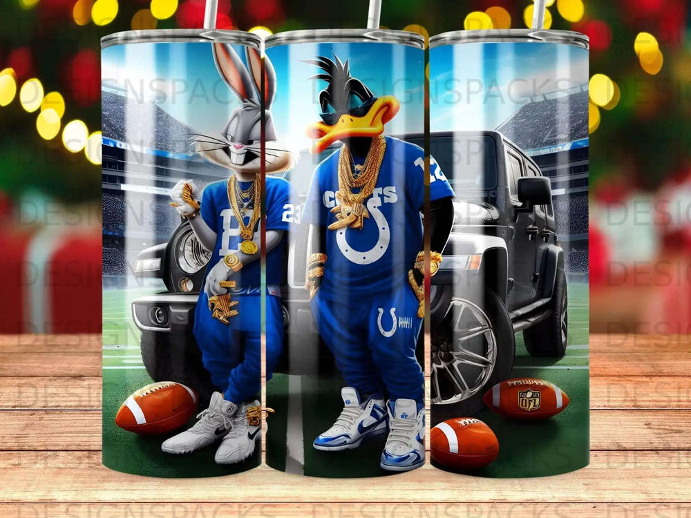 Bugs Bunny and Daffy Duck as Indianapolis Colts players with footballs and jeep.