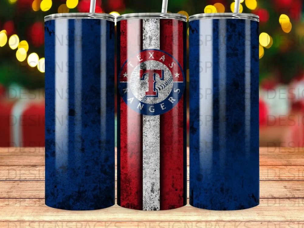 Texas Rangers baseball team logo on a textured, distressed blue and red tumbler.